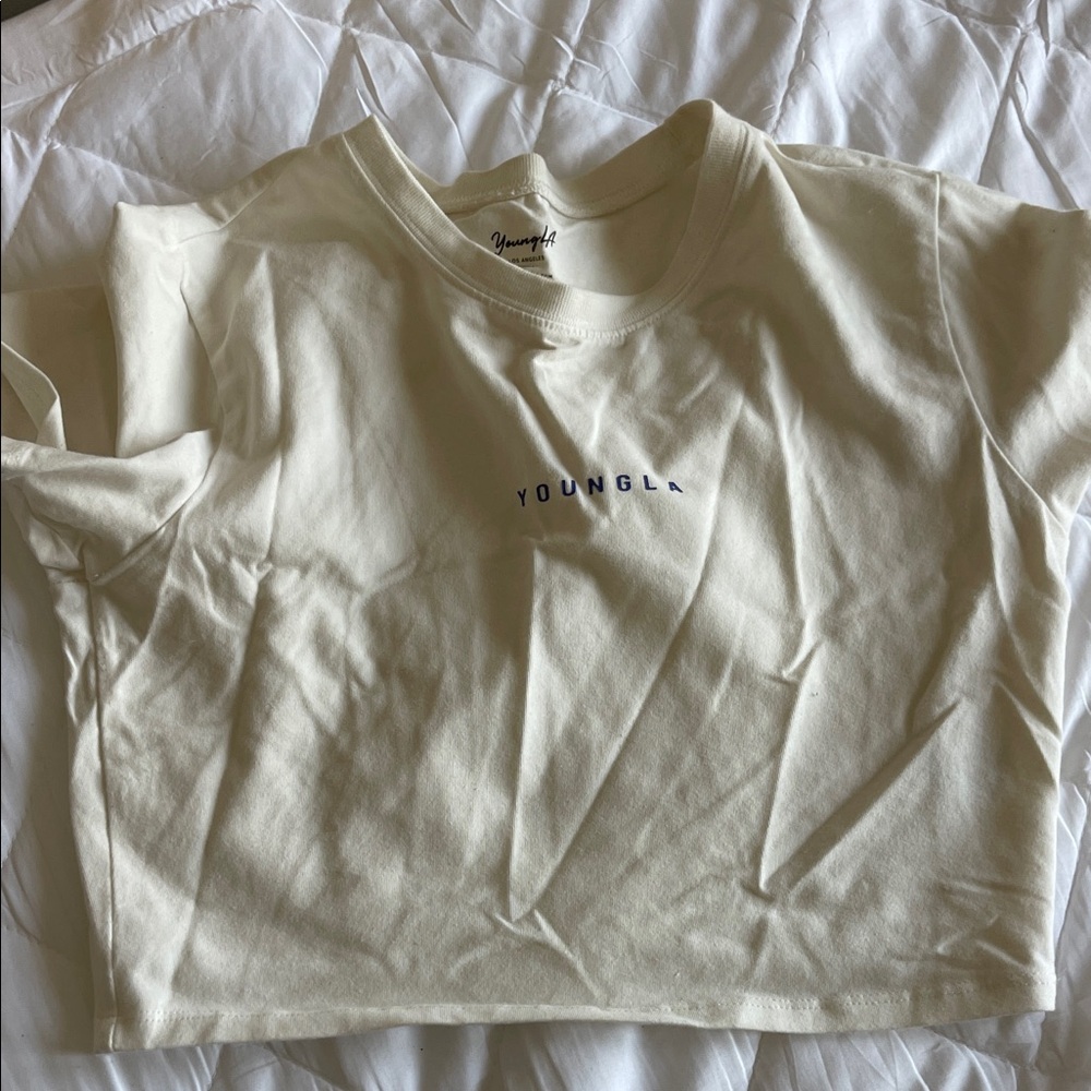 YoungLA Cream Short Crop Tee with Navy Logo